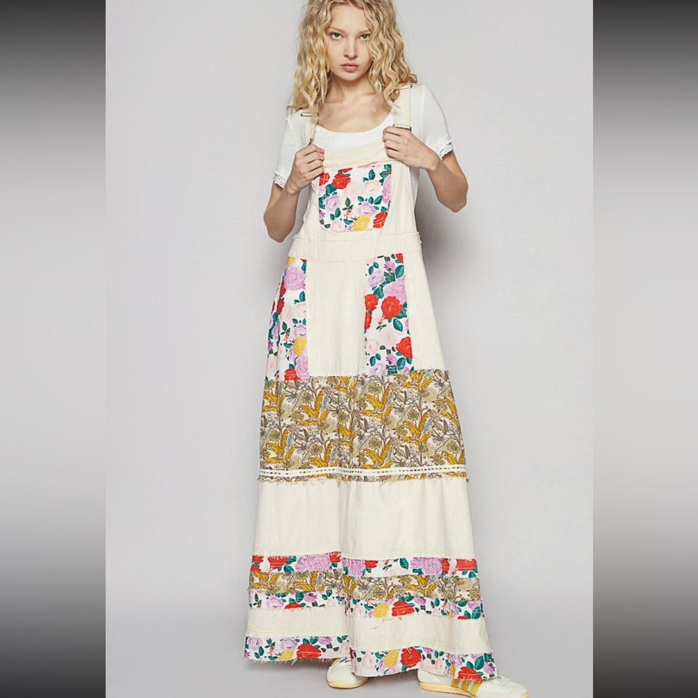POL Mixed Print Patchwork Overall Dress in Oatmilk - Picture 2 of 11